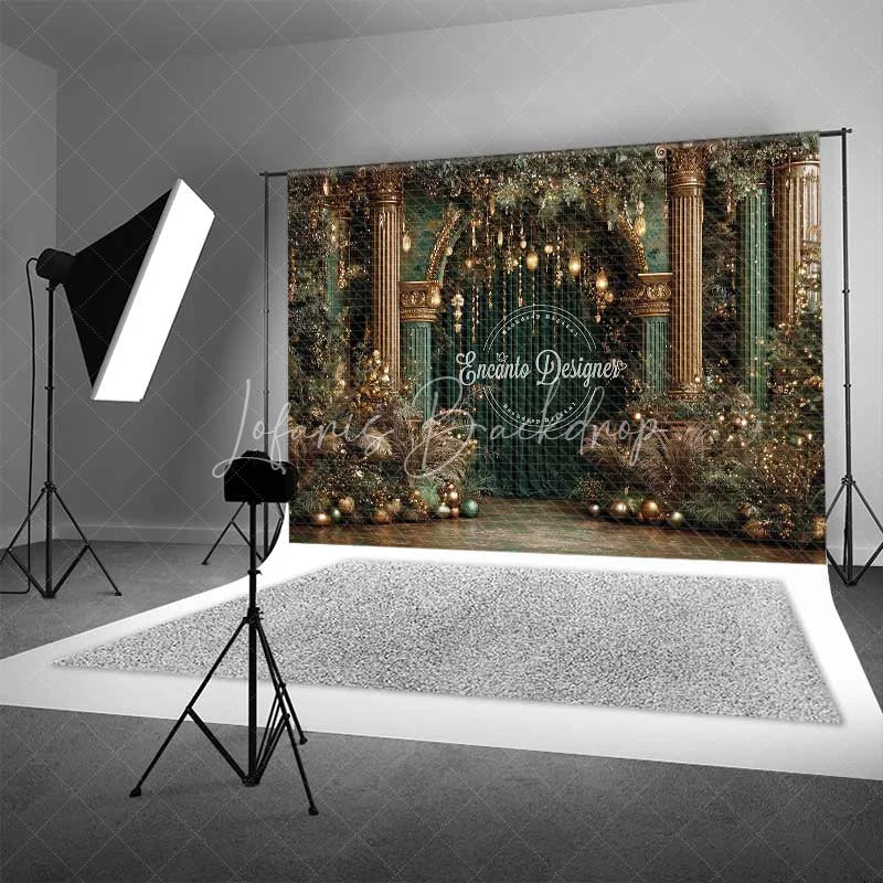 Lofaris Luxury Green and Gold Christmas Backdrop Palace Column Velvet Curtain Photography Background