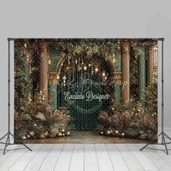 Lofaris Luxury Green and Gold Christmas Backdrop Palace Column Velvet Curtain Photography Background