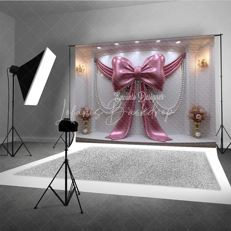 Lofaris Luxury Pink Metallic Bow and Pearl Drapes Photography Backdrop Elegant Wedding Baby Shower Decor