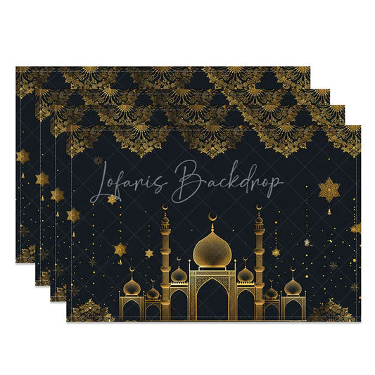 Lofaris Luxury Ramadan Mosque Set of 4 Placemats Golden Lace and Star Eid Mubarak Dining Mats for Islamic Celebration