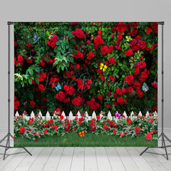 Lofaris Luxury Red Rose Garden Gate Fence Room Set Backdrop