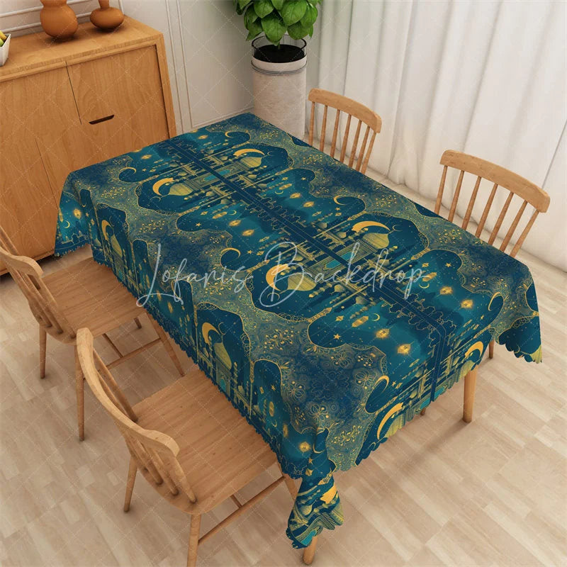 Lofaris Luxury Teal and Gold Ramadan Rectangle Tablecloth Ornate Islamic Mosque Architecture Table Cover
