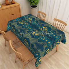 Lofaris Luxury Teal and Gold Ramadan Rectangle Tablecloth Ornate Islamic Mosque Architecture Table Cover