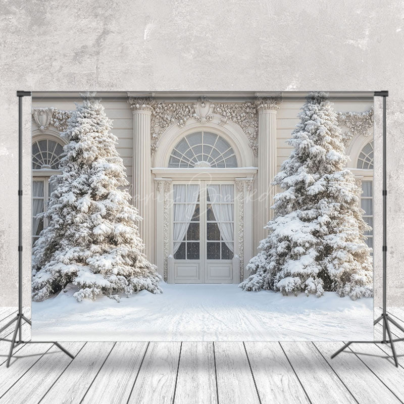 Lofaris Luxury White Door Pine Trees Winter Photo Backdrop