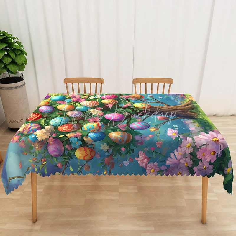 Lofaris Magic Easter Egg Tree Rectangle Tablecloth Colorful Spring Garden Table Cover Holiday Party Dining Room Decor