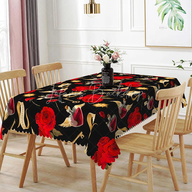 Lofaris Magic Love Potion Rectangle Tablecloth Red Rose and Winged Heart Bottle Valentine Fantasy Party Decor