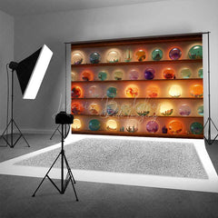 Lofaris Magic Shop of Crystal Balls Halloween Photography Backdrop Shelves with Glowing Orbs Fantasy Witch or Wizard Prop