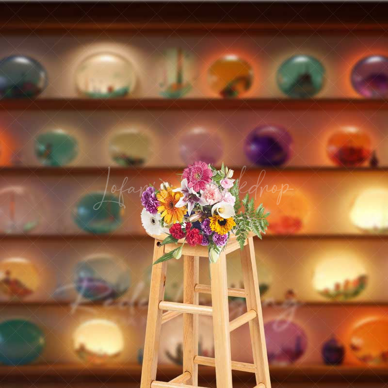 Lofaris Magic Shop of Crystal Balls Halloween Photography Backdrop Shelves with Glowing Orbs Fantasy Witch or Wizard Prop