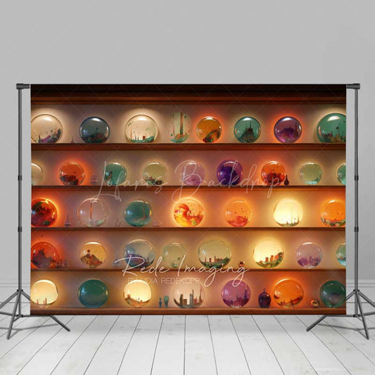 Lofaris Magic Shop of Crystal Balls Halloween Photography Backdrop Shelves with Glowing Orbs Fantasy Witch or Wizard Prop