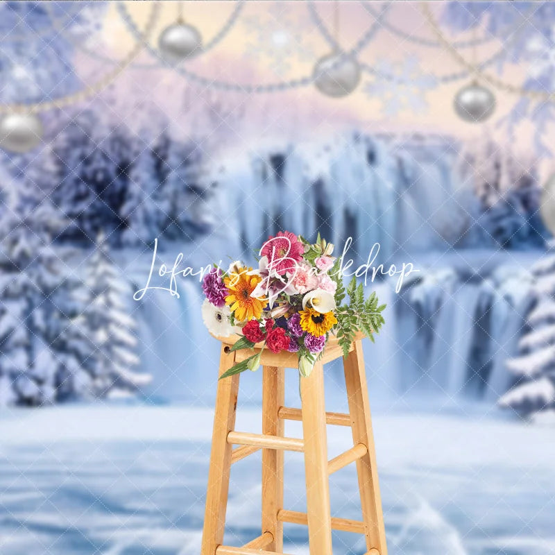 Lofaris Magical Blue and Silver Winter Wonderland Holiday Backdrop Featuring Frozen Waterfall Snow Covered Trees