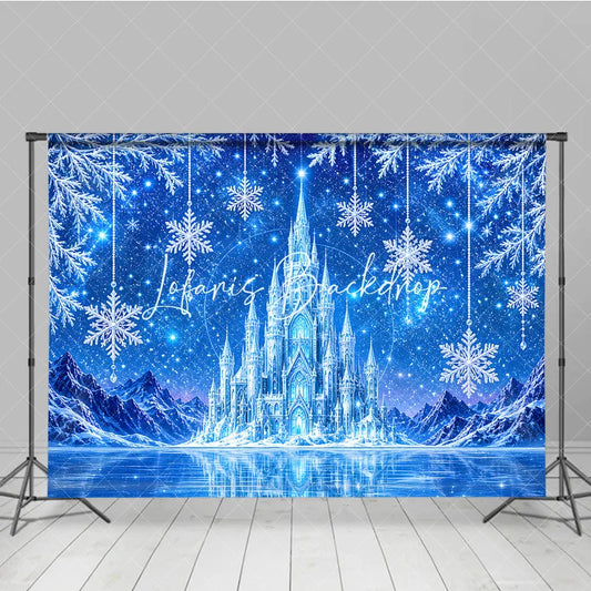 Lofaris Magical Blue Ice Castle Photography Backdrop with Snowy Mountains Frozen Lake and Snowflakes for Winter Party