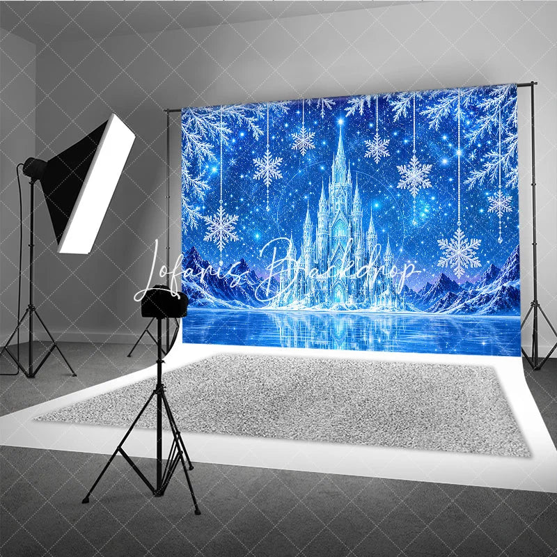 Lofaris Magical Blue Ice Castle Photography Backdrop with Snowy Mountains Frozen Lake and Snowflakes for Winter Party