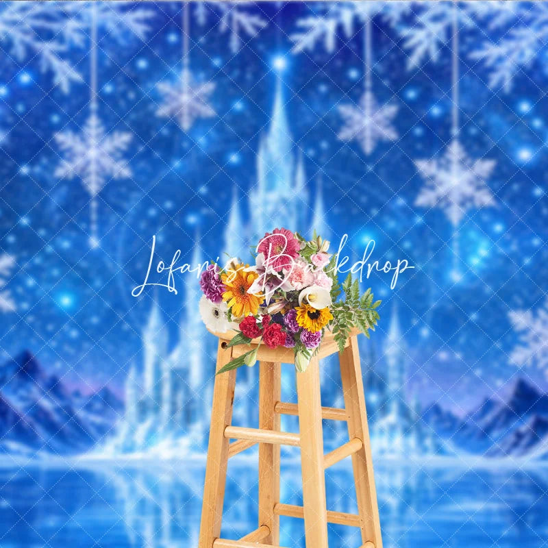Lofaris Magical Blue Ice Castle Photography Backdrop with Snowy Mountains Frozen Lake and Snowflakes for Winter Party