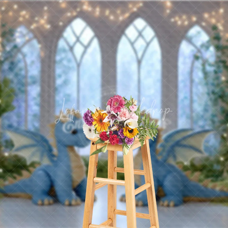 Lofaris Magical Dragon Cake Smash Photo Booth Backdrop Fairytale Castle with String Lights Kids Birthday Background