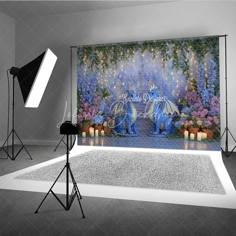 Lofaris Magical Dragon Cake Smash Photography Backdrop Fairytale Castle with String Lights Kids Birthday Photo Background