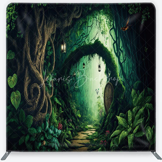 Lofaris Magical Enchanted Forest Archway Square Double-Sided Backdrop Whimsical Wooden Door and Lush Greenery Decor