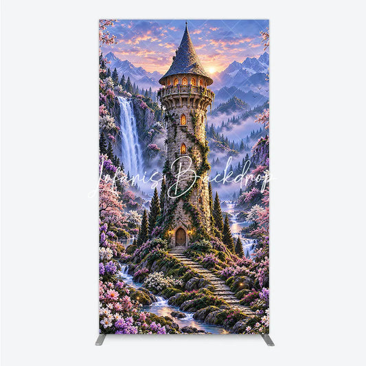 Lofaris Magical Fairy Tale Castle and Waterfall Rectangle Arch Backdrop Enchanted Forest with Cherry Blossoms Sunset.