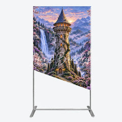 Lofaris Magical Fairy Tale Castle and Waterfall Rectangle Arch Backdrop Enchanted Forest with Cherry Blossoms Sunset.