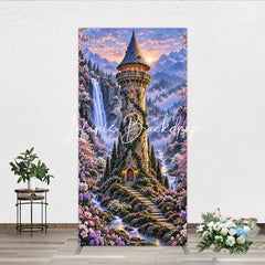 Lofaris Magical Fairy Tale Castle and Waterfall Rectangle Arch Backdrop Enchanted Forest with Cherry Blossoms Sunset.