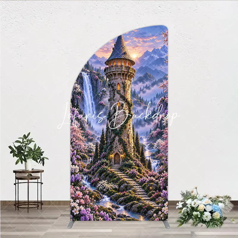 Lofaris Magical Fantasy Castle with Waterfalls and Blooming Flowers Half Moon Arch Backdrop Enchanted Forest Photography Decor