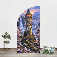 Lofaris Magical Fantasy Castle with Waterfalls and Blooming Flowers Half Moon Arch Backdrop Enchanted Forest Photography Decor