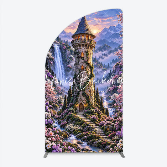 Lofaris Magical Fantasy Castle with Waterfalls and Blooming Flowers Half Moon Arch Backdrop Enchanted Forest Photography Decor