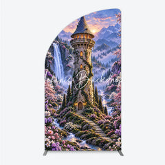 Lofaris Magical Fantasy Castle with Waterfalls and Blooming Flowers Half Moon Arch Backdrop Enchanted Forest Photography Decor