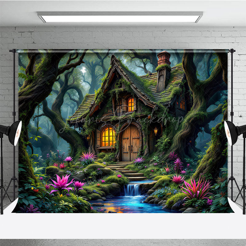 Lofaris Magical Green Forest Tree House Photography Backdrop