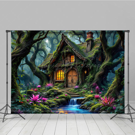 Lofaris Magical Green Forest Tree House Photography Backdrop