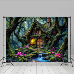 Lofaris Magical Green Forest Tree House Photography Backdrop