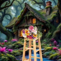 Lofaris Magical Green Forest Tree House Photography Backdrop