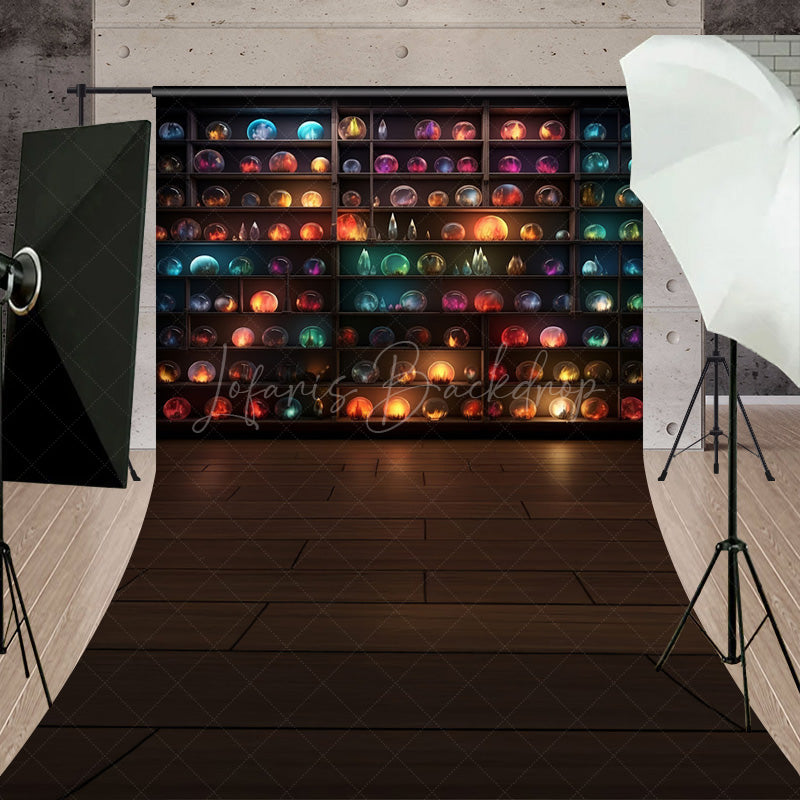 Lofaris Magical Orbs on Shelves Sweep Backdrop Crystal Ball and Galaxy Display Fantasy Themed Studio with Wood Floor