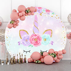 Lofaris Magical Pastel Unicorn Round Backdrop with Floral Wreath and Glitter Stars for Girls Birthday Party