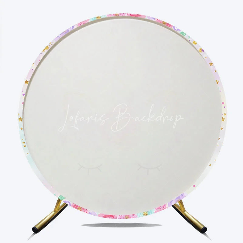 Lofaris Magical Pastel Unicorn Round Backdrop with Floral Wreath and Glitter Stars for Girls Birthday Party