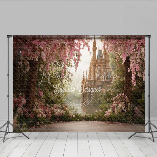 Lofaris Magical Pink Cherry Blossom Fairy Tale Castle Photography Backdrop Enchanted Garden Princess Birthday Party Decor
