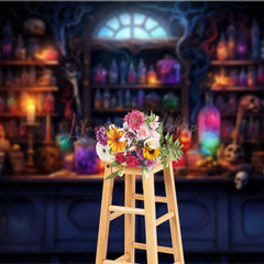 Lofaris Magical Potion Shop Photography Backdrop Wizard’s Lab with Glowing Bottles Fantasy Halloween Themed Studio