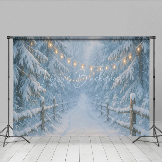 Lofaris Magical Snowy Forest Path Photography Backdrop with Fairy Lights and Wooden Fence Winter Holiday Decor