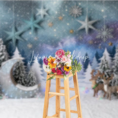 Lofaris Magical Snowy Forest Photography Backdrop with Glitter Moon Reindeer and Fox for Christmas Winter Holiday