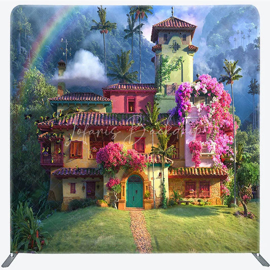 Lofaris Magical Tropical House Tension Fabric Backdrop Colorful Floral Villa Decoration Colombian Casita Background