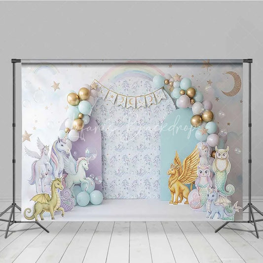 Lofaris Magical Unicorn and Dragon Photography Backdrop Pastel Rainbow Birthday Banner