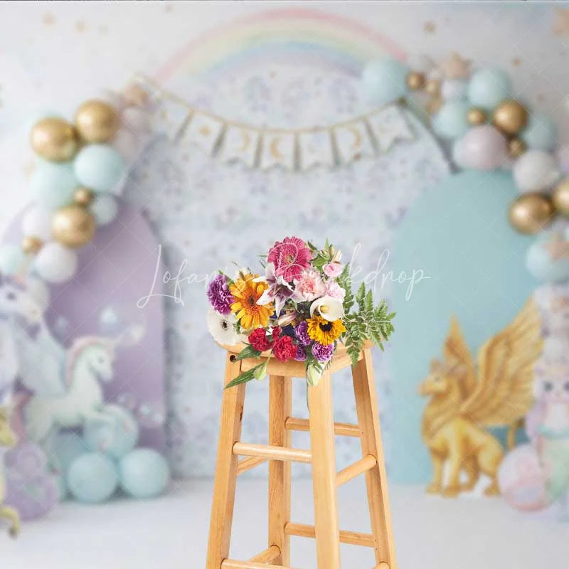 Lofaris Magical Unicorn and Dragon Photography Backdrop Pastel Rainbow Birthday Banner