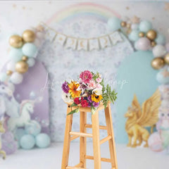 Lofaris Magical Unicorn and Dragon Photography Backdrop Pastel Rainbow Birthday Banner