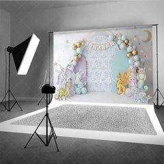 Lofaris Magical Unicorn and Dragon Photography Backdrop Pastel Rainbow Birthday Banner