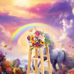 Lofaris Magical Unicorn Cake Smash Photography Backdrop Rainbow and Sunset Sky Enchanted Floral Meadow Photo Prop