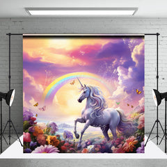 Lofaris Magical Unicorn Cake Smash Photography Backdrop Rainbow and Sunset Sky Enchanted Floral Meadow Photo Prop