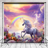 Lofaris Magical Unicorn Cake Smash Photography Backdrop Rainbow and Sunset Sky Enchanted Floral Meadow Photo Prop