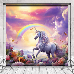 Lofaris Magical Unicorn Cake Smash Photography Backdrop Rainbow and Sunset Sky Enchanted Floral Meadow Photo Prop