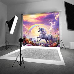 Lofaris Magical Unicorn Cake Smash Photography Backdrop Rainbow and Sunset Sky Enchanted Floral Meadow Photo Prop