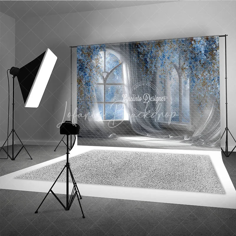 Lofaris Magical Wedding Window Backdrop Arch with Blue Flowers Sheer Curtains Photography Background Props