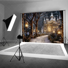 Lofaris Magical Winter Wonderland Castle Photography Backdrop Enchanting Snowy Forest Illuminated Lanterns and Festive Lights
